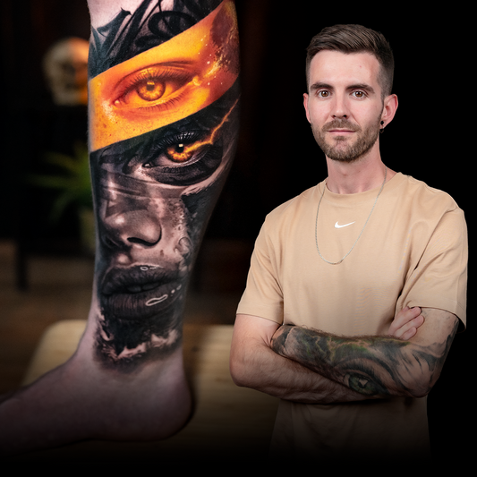Realistic tattoo in black, white and color