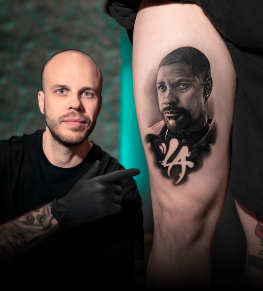 Realistic portrait tattoo with rotary and coil